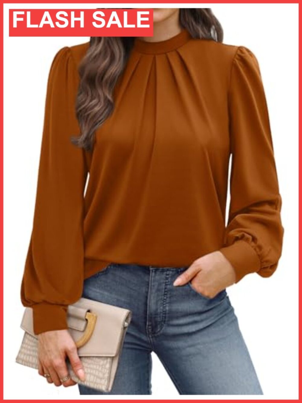 Womens Mock Neck Pleated Front Blouse Long Sleeve Dressy Casual Top